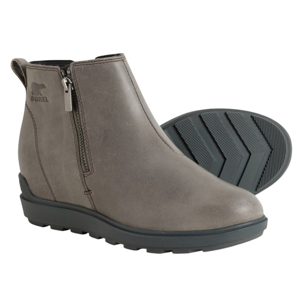 Sorel Women Evie ll Zip Wedge Bootie US 10.5 EU 41.5 Grey Leather Waterproof NIB - Picture 1 of 13